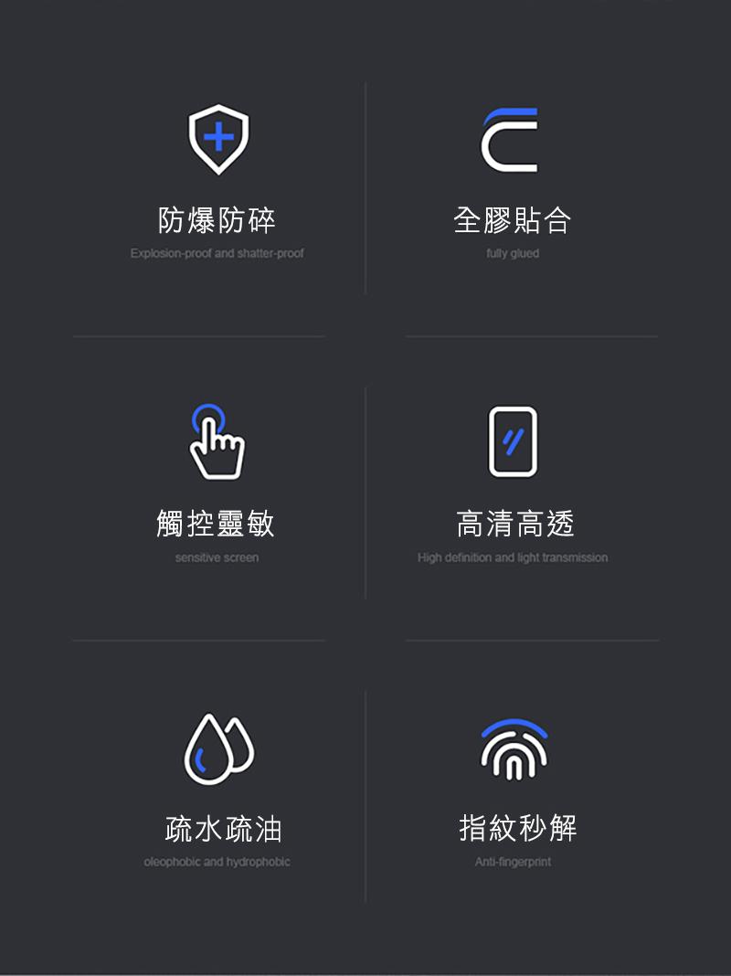 防爆防碎Explosion-proof and shatter-proof全膠貼合fully glued觸控靈敏sensitive screen高清高透High definition and light transmission疏水疏油指紋秒解oleophobic and hydrophobicAnti-fingerprint