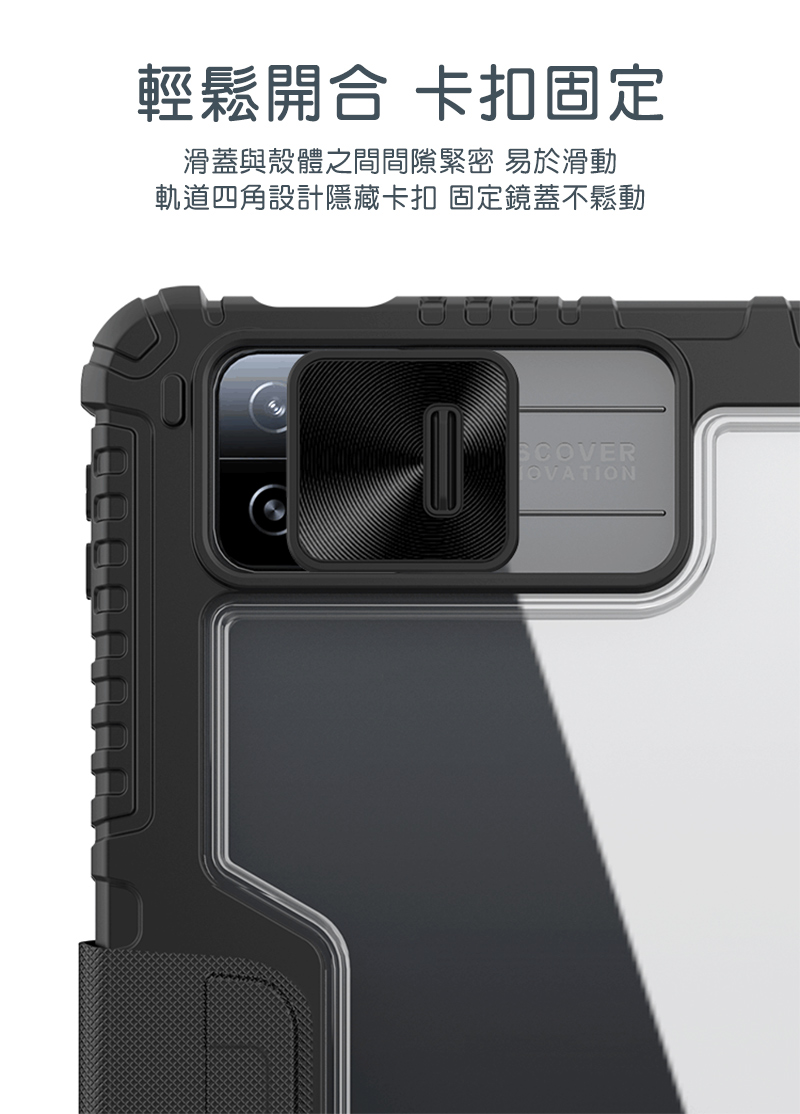 輕鬆合 卡扣固定滑蓋與殼體之間間隙緊密 易於滑動軌道四角設計隱藏卡扣 固定鏡蓋不鬆動SCOVEROVATION