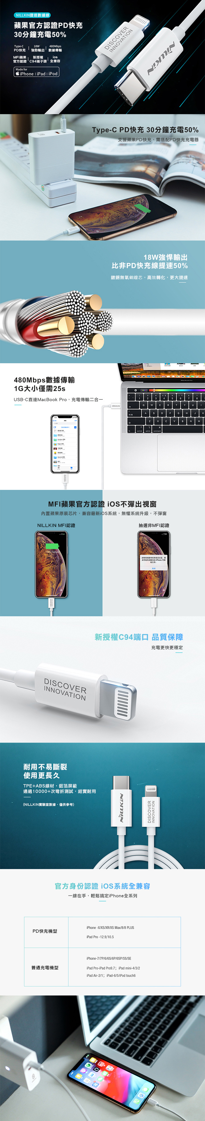 NILLKIN Type-C to Lightning 捷速 PD 快充數據線(MFi)